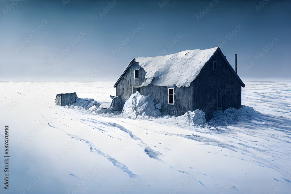 House buried in snow. Snowdrifts. Snowy wasteland.