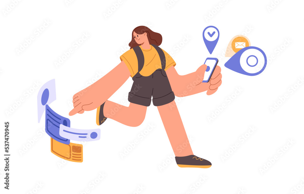 Reminders in mobile phone. Person using smartphone apps with notes, notices, notifications. Girl and online messages, sms, tasks, information. Flat vector illustration isolated on white background Reminders in mobile phone. Person using smartphone apps with notes, notices, notifications. Girl and online messages, sms, tasks, information. Flat vector illustration isolated on white background