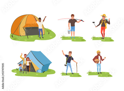 Young Man and Woman Enjoying Camping Activity Standing Near Tent, Fishing, Picking Mushroom, Taking Selfie and Hiking Vector Set