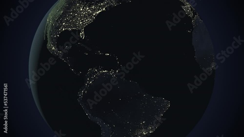 Seamless looping animation of the earth at night zooming in to the 3d map of Dominican Republic with the capital and the biggest cites in 4K resolution