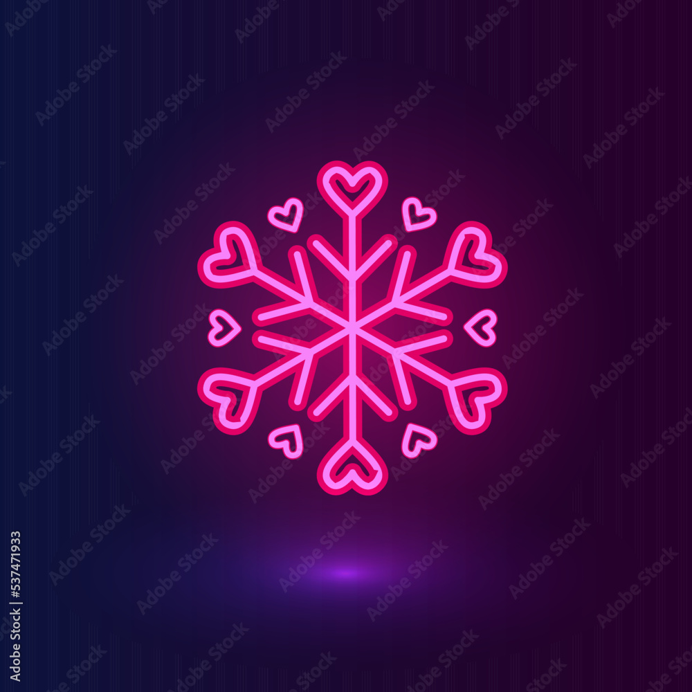 Vector neon pink snowflake with hearts. Winter icons on dark blue background.