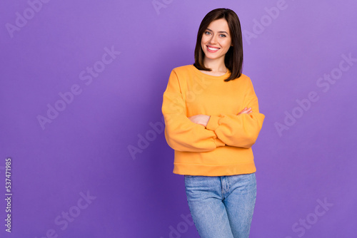 Close up photo of pretty lady wear orange sweater satisfied quality clothes nice choice empty space isolated on purple color background