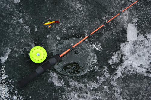 Winter fishing with lures and accessories, ice fishing close up
