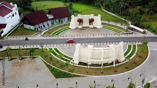 Drones shot of KEMBANG LIMUS GATE with elephant statue As access to Borobudur temple - Magelang, Indonesia photo