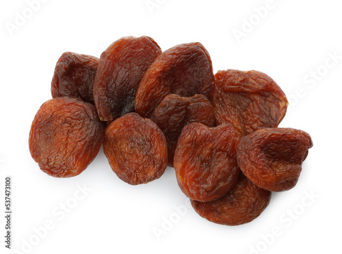 Tasty dried apricots on white background, top view