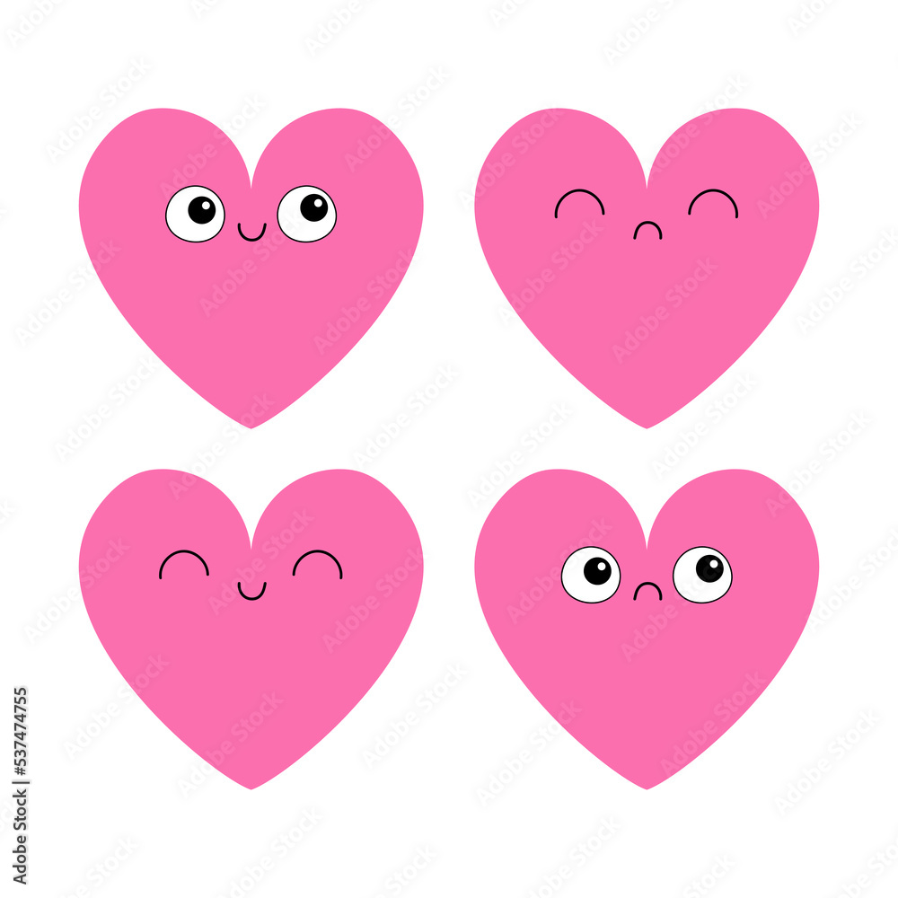 Happy Valentines Day. Pink heart emoji icon set. Kawaii cartoon funny baby character. Cute face with eyes, smiling, sad. Love sign symbol. Hearts head. Greeting card. Flat design. White background.
