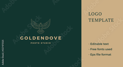 Flying pigeon logo emblem design template vector illustration in minimal line art style.