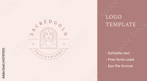 Female portrait logo emblem design template vector illustration in minimal line art style