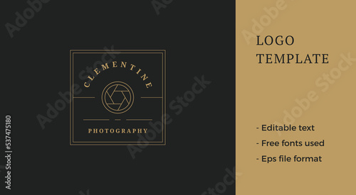 Photo camera lens logo emblem design template vector illustration in minimal line art style