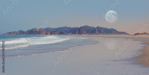 Namib desert with Atlantic ocean meets near Skeleton coast with full moon - Namibia, South Africa "Elements of this image furnished by NASA