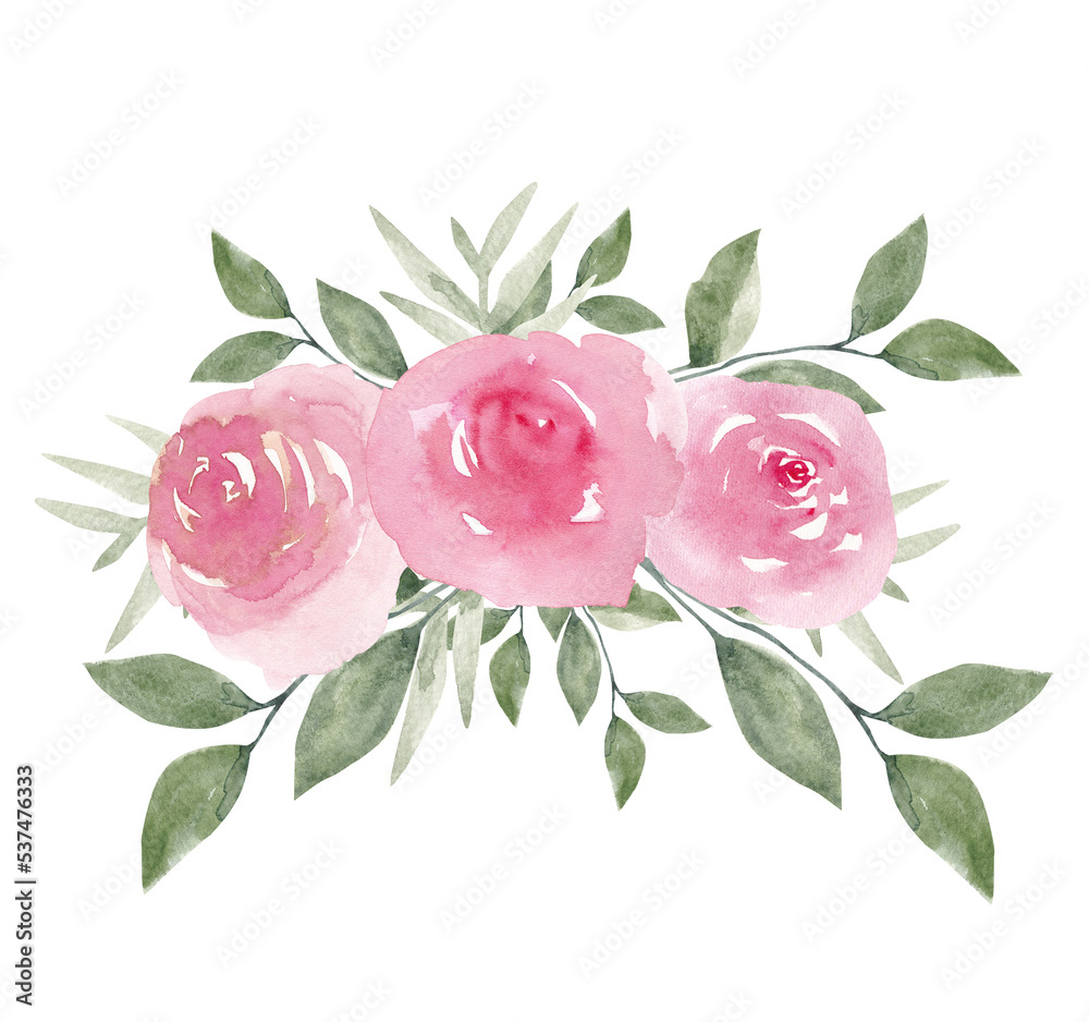 Dusty pink peony roses with green leaves bouquet arrangement isolated on white background. Elegant hand-painted watercolor floral design clipart for gift cards, fabric, banners, headers, invitations