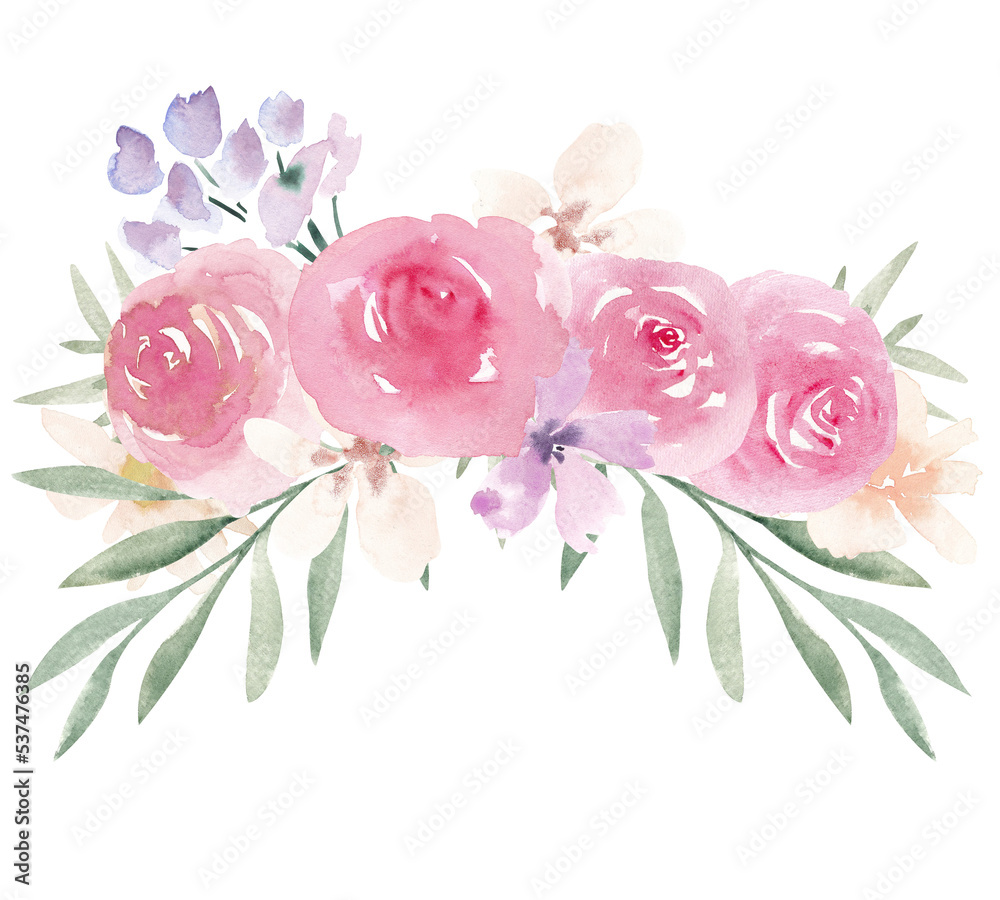 Dusty pink peony roses with green leaves bouquet arrangement isolated on white background. Elegant hand-painted watercolor floral design clipart for gift cards, fabric, banners, headers, invitations Dusty pink peony roses with green leaves bouquet arrangement isolated on white background. Elegant hand-painted watercolor floral design clipart for gift cards, fabric, banners, headers, invitations