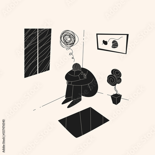 Man in depression concept art hand drawn vector illustration. Sad human with mental illness hugging his knees sitting alone in the corner of the room.