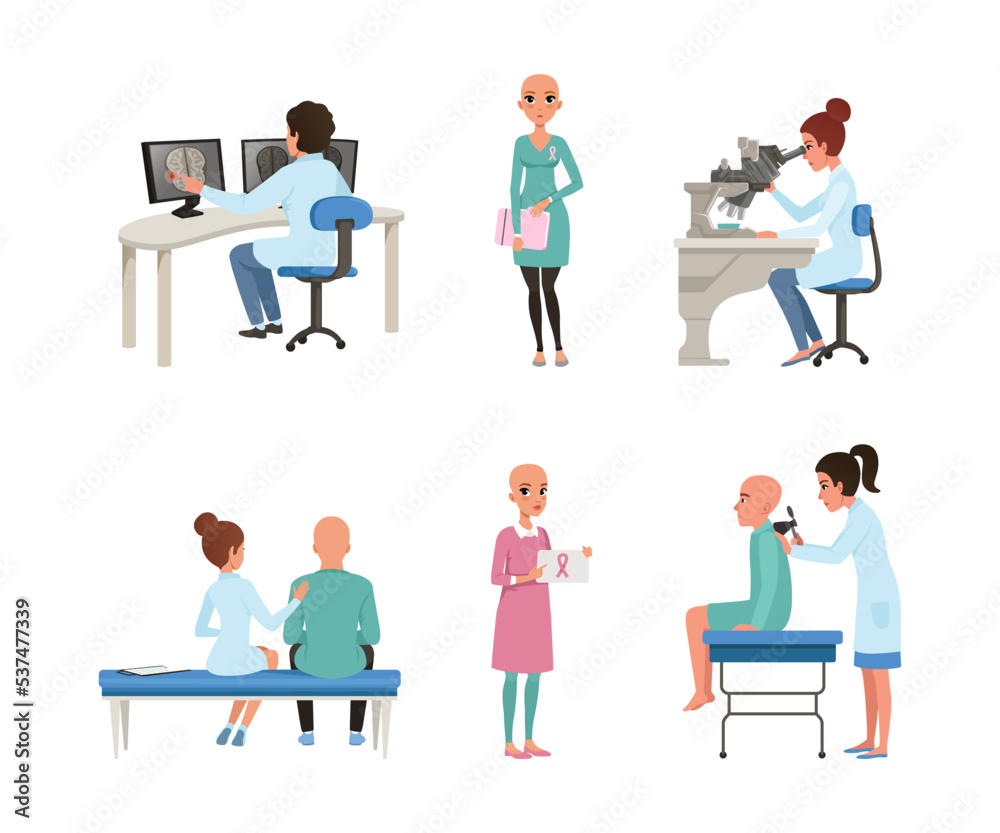 People Character with Cancer Diagnosis Having Medical Check and Treatment Vector Set People Character with Cancer Diagnosis Having Medical Check and Treatment Vector Set