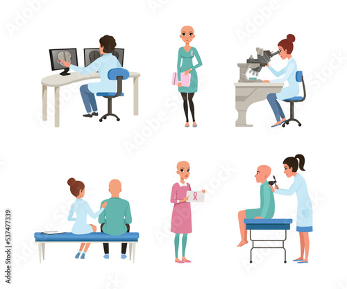 People Character with Cancer Diagnosis Having Medical Check and Treatment Vector Set