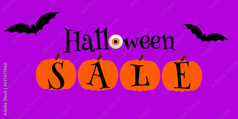 Halloween sale banner. Flat vector illustration with pumpkins, eye, bats. Awesome design for festive promo, ad, special offer