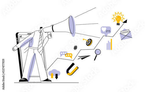 A man shouts into a megaphone from a smartphone and an arrow with elements of social media marketing. Vector illustration on the topic of promotion in social networks.
