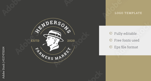 Dark brutal male farmer profile circle logo design template farm market industrial business vector