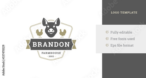 Vintage farmhouse heraldic shield pig head festive ribbon decorative logo template design vector