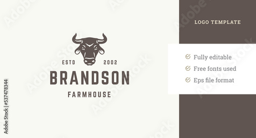 Monochrome farm local market logo template design bull cow head organic animal beef meat vector