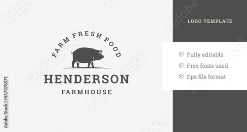 Organic local farm market fresh food retail pig vintage logo template design vector illustration