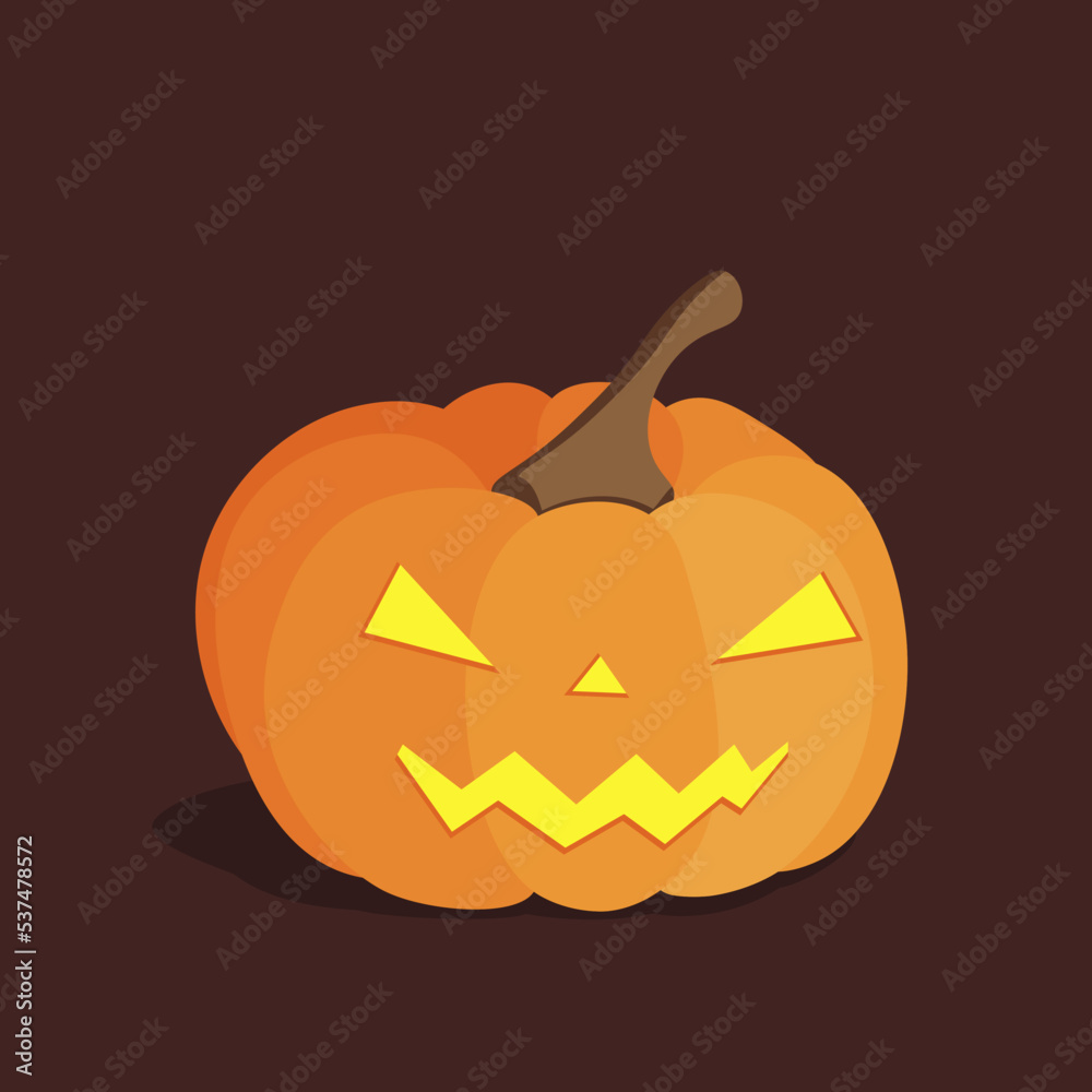 Autumn Halloween pumpkin in orange with a tail and light-up cut-out triangular eyes, nose and mouth in yellow. Isolated vector picture on a brown background. Autumn Halloween pumpkin in orange with a tail and light-up cut-out triangular eyes, nose and mouth in yellow. Isolated vector picture on a brown background.