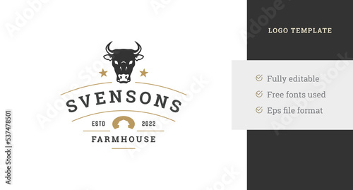Vintage farm agriculture logo design template cow bull head farmhouse decorative vector illustration