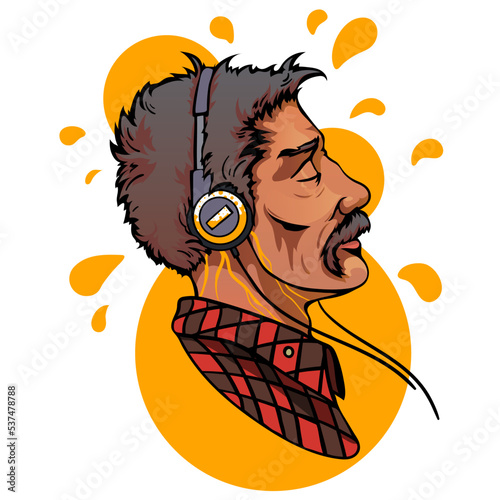 Vector hand-drawn portrait of an old man in headphones in profile isolated on a white background.