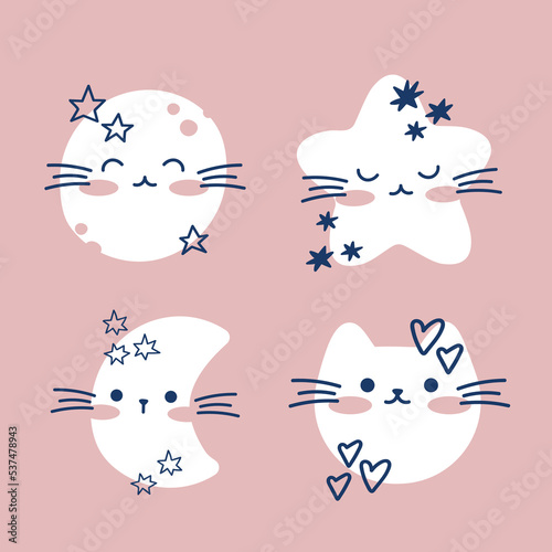 Draw Cute cats faces greeting card kawaii design Doodle cartoon style.