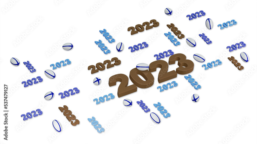 Lots of Rugby 2023 Designs with several Balls on White Lots of Rugby 2023 Designs with several Balls on White