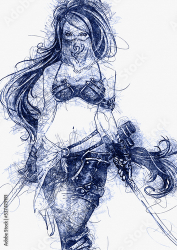 WOMAN SWORD ILLUSTRATION SKETCH POSTER IMAGE