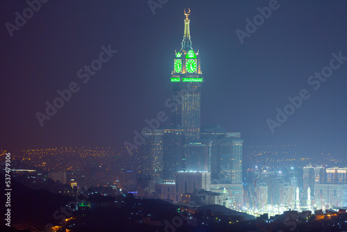 A view of Mecca landmark the Clock tower and grand mosque Masjidlharam during the dawn fajr from the Mount of light "Jabal An-Nour" where located the Hira cave