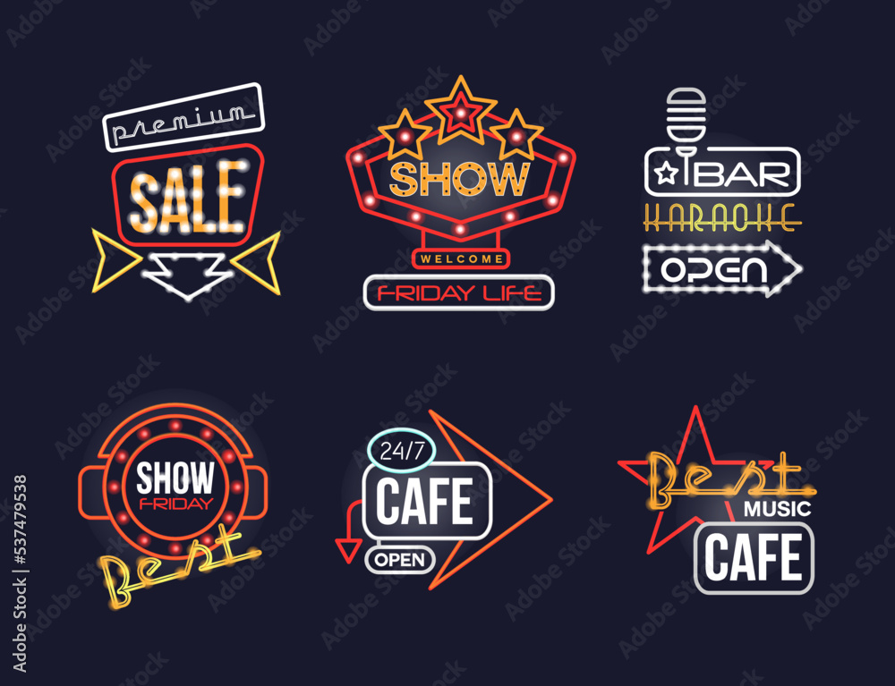 Colorful Glowing Neon Signboards and Retro Street Banners Vector Set