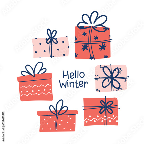 Draw greeting card for christmas and winter with gifts and gift boxes vector illustration  for Christmas and New year. Doodle cartoon style.