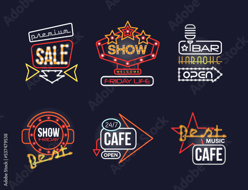 Colorful Glowing Neon Signboards and Retro Street Banners Vector Set