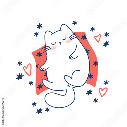 Draw funny cat sleeps on a pillow for christmas and winter vector illustration character collection funny cat for Christmas and New year. Doodle cartoon style.