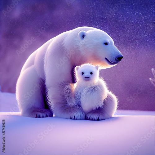 Mama polar bear and her cub