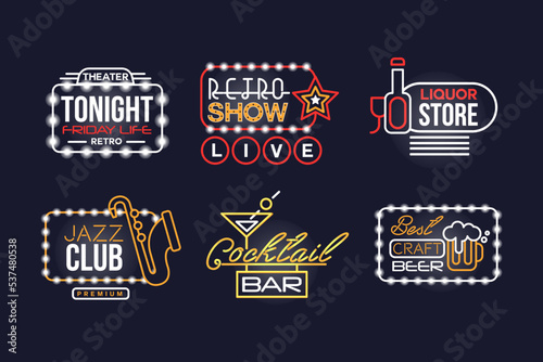 Colorful Glowing Neon Signboards and Retro Street Banners Vector Set