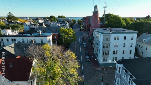 Observatory and Munjoy Hill Neighborhood. Portland Maine aerial establishing shot in golden hour. photo