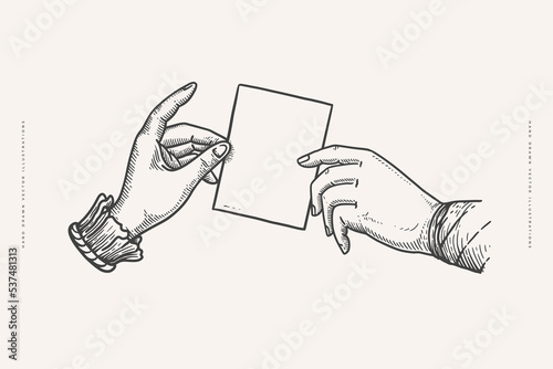 Hands holding a blank sheet of paper in an engraving style. Ancient symbolic drawing on a light background. Vintage vector illustration for postcard, book or tattoo design.