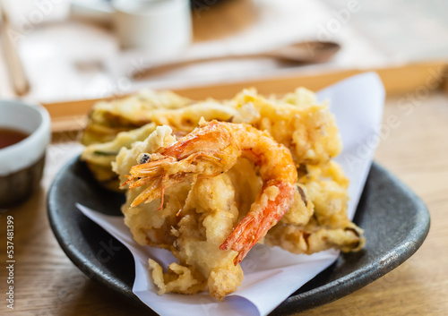 Tempura, mix shrimp deep fried with vegetable, shrimp and vegetable tempura a traditional japanese food.