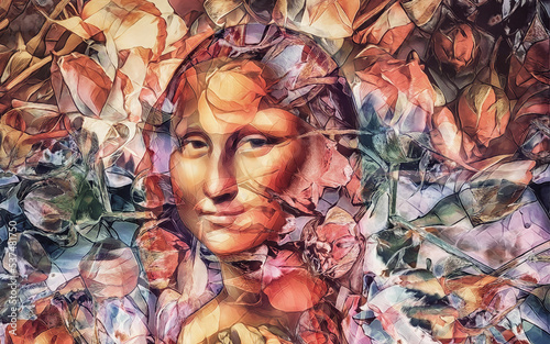 reproduction of Mona Lisa by Leonardo da Vinci in rose petals. photo