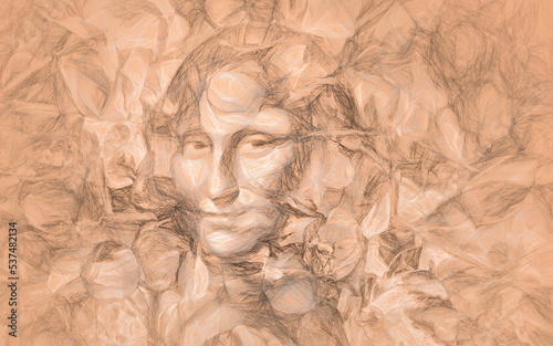 reproduction of Mona Lisa by Leonardo da Vinci in rose petals and drawing effect.