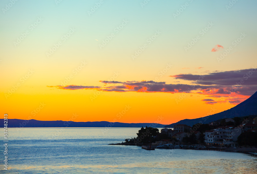 Twilight over the islands . Gradac coastal town in Croatia 