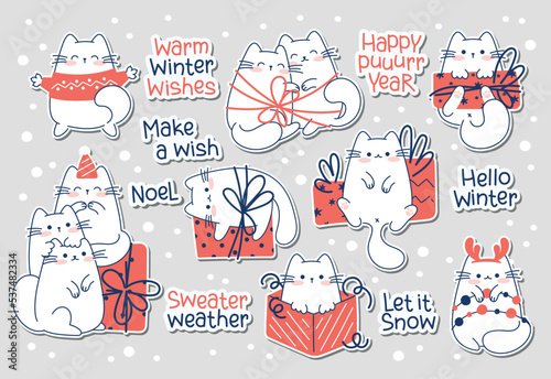 Draw funny stickers with cats for christmas and winter vector illustration character collection funny cats for Christmas and New year. Doodle cartoon style.