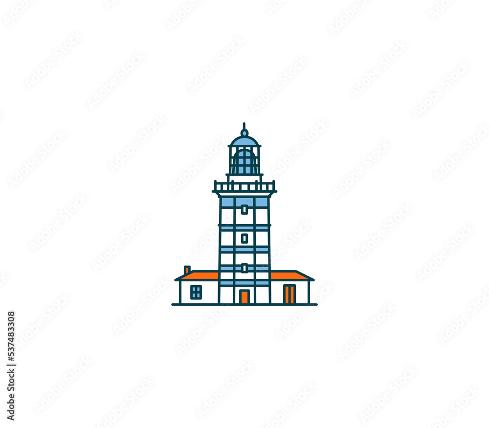 Lighthouse symbol and city landmark tourist attraction illustration.