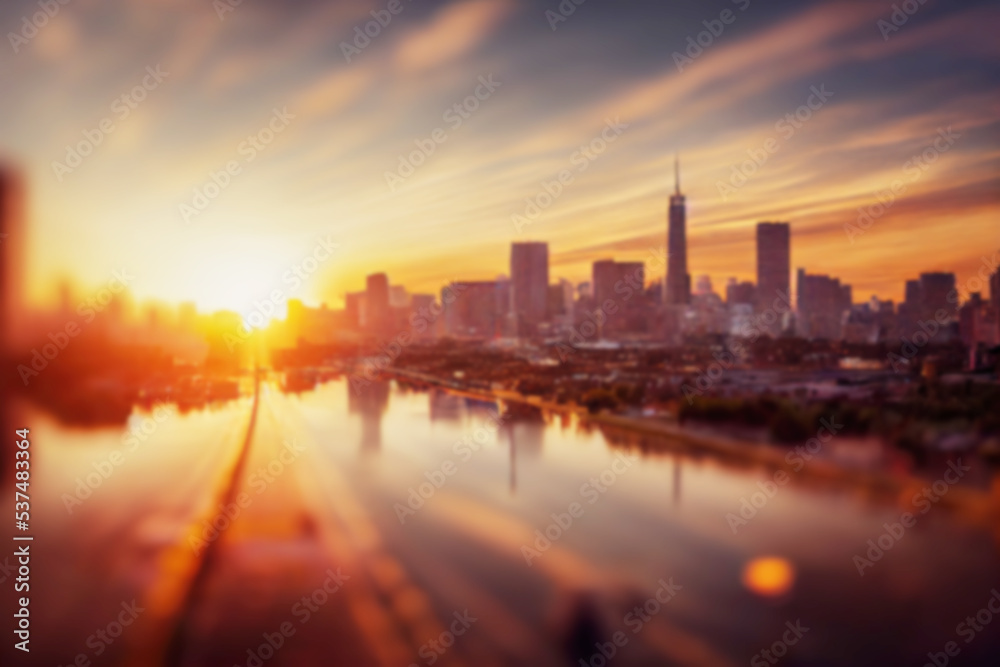 Abstract background cityscape blurred in golden hour. Blurred abstract city light background. 3d illustration.