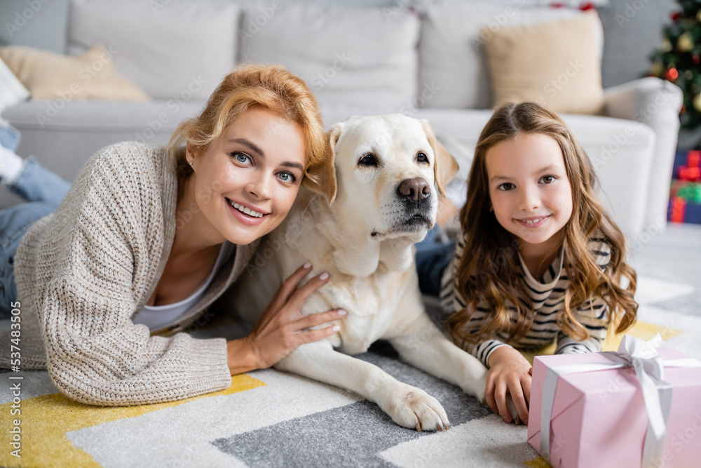 Smiling mother and girl looking at camera near labrador and christmas gift at home