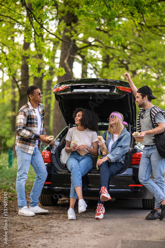 Group of young people at the car having some food and discussing something