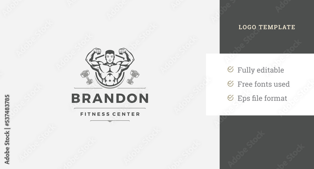 Strong muscular man back training sport fitness center logo design template place for text vector